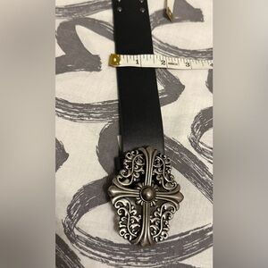 Black Leather Belt with Ornate Silver Buckle